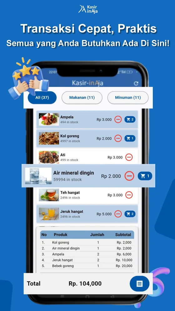 Layar kasir: pilih produk, keranjang, dan total belanja